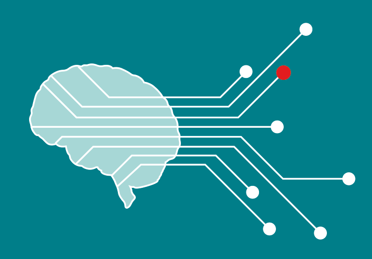 An illustration of a brain with multiple lines running from the brain to dots, meant to indicate the variety of neurological symptoms that can occur with testicular cancer-associated paraneoplastic encephalitis.
