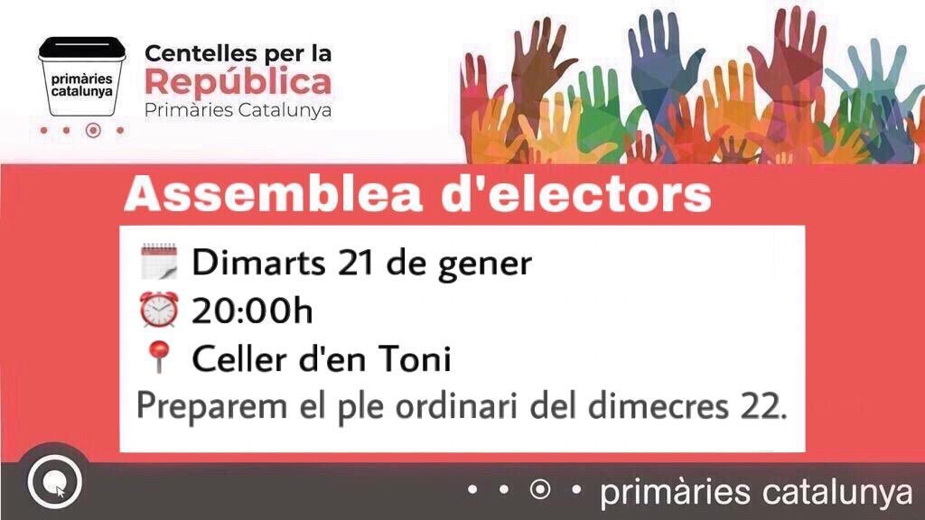 PrimariesCentel's tweet photo. -ASSEMBLEA D'ELECTORS-
Obrim debat i consensuem la votació al ple del dimecres 22.
També designarem un representant a la Coordinadora Nacional de Primàries.
📆 Dimarts 20 gener
🕝 20:00 h
🌐 Celler d'en Toni
Hi tens molt a dir!
#RecuperaElPoder
#CentellesParticipa https://t.co/QE1ssb7McY