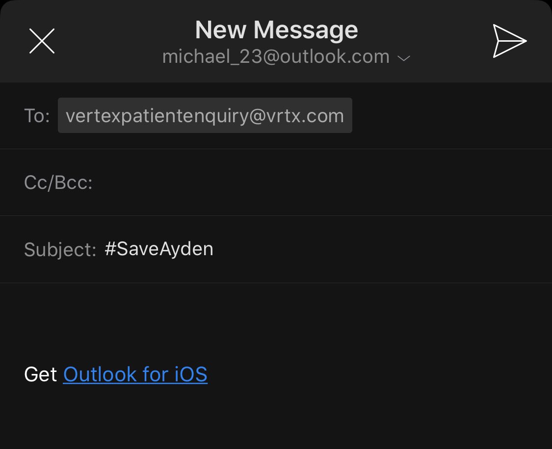 StrikeTheMike's tweet photo. Everyone please take 2 mins and email @VertexPharma (based in #Boston).

You don’t need to write a message just put in the subject line; #SaveAyden

Ayden needs them to respond now! Flood their mailbox with #SaveAyden 

@CF_Foundation @cftrust 

vertexpatientenquiry@vrtx.com https://t.co/t49Y8RoVBa