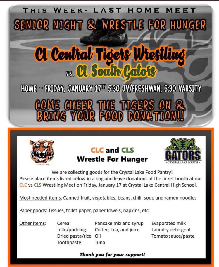 CRAZIES !!!!! Everyone come to CLC tonight at 6:00 pm to watch our wrestling team take down our cross town rival South!!!! THERES A LOT GOING DOWN: 
-last home meet 
-senior night 
-FOOD DRIVE 
WEAR YOUR ORANGE AND BLACK AND BE LOUD #CLCLETSGO