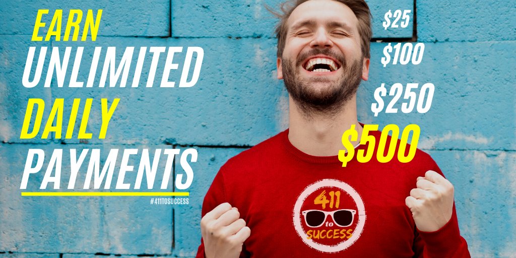 411ToSuccess's tweet photo. Earn Unlimited $25, $100, $250, or $500 Daily Payments. To learn more: https://t.co/4N6law7R6c 
.
.
#FridayFunday #makemoneyonline #workfromhome #FridayReads #homebusiness https://t.co/ULKfMIf24b