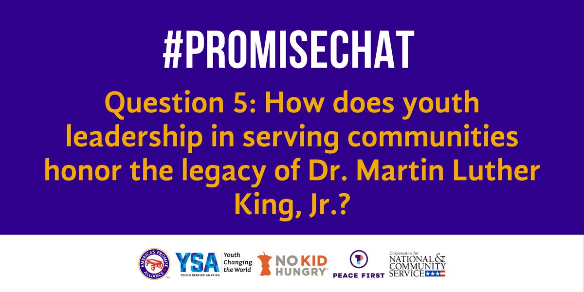 AmericasPromise's tweet photo. Q5: How does youth leadership in serving communities honor the legacy of Dr. Martin Luther King, Jr.? #PromiseChat #PowerOfYouth https://t.co/MWYWanMxN7