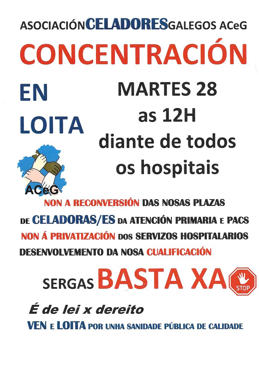 GalegosAceg's tweet photo. A nosa loita continúa. Martes 28 de Xaneiro, ás 12 do mediodía en tódolos hospitais do SERGAS, concentración pola defensa do noso traballo. #ACdG #celadoresenloita #SanidadePublica https://t.co/tGjE73cjw6