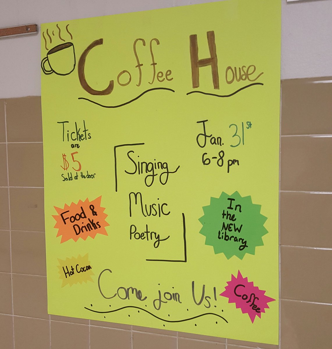 DrinksJessica's tweet photo. First annual Coffee House debuts Jan. 31st from 6-8 pm! $5 ticket includes drink &amp; snack.  Come hear student and staff acts + amazing student art show on display!  Library fundraiser ❤📚☕ https://t.co/hq6T8uLV1X