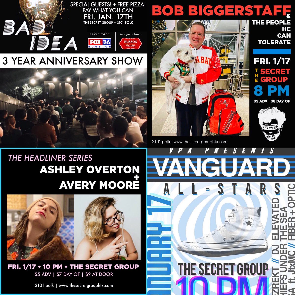 SecretGroupHTX's tweet photo. It’s a hot one tonight, folks!
▪️7:30 PM BAD IDEA 3 YEAR ANNIVERSARY SHOW! FREE PIZZA! Pay What You Can!
▪️8 PM BOB BIGGERSTAFF &amp; The People He Can Tolerate $7 
▪️10 PM THE HEADLINER SERIES: Ashley Overton &amp; Avery Moore $7
▪️10 PM VANGUARD ALL STARS 🆓
▪️12 AM MIDNIGHT IN THE BOX https://t.co/BZ2lc95ww8
