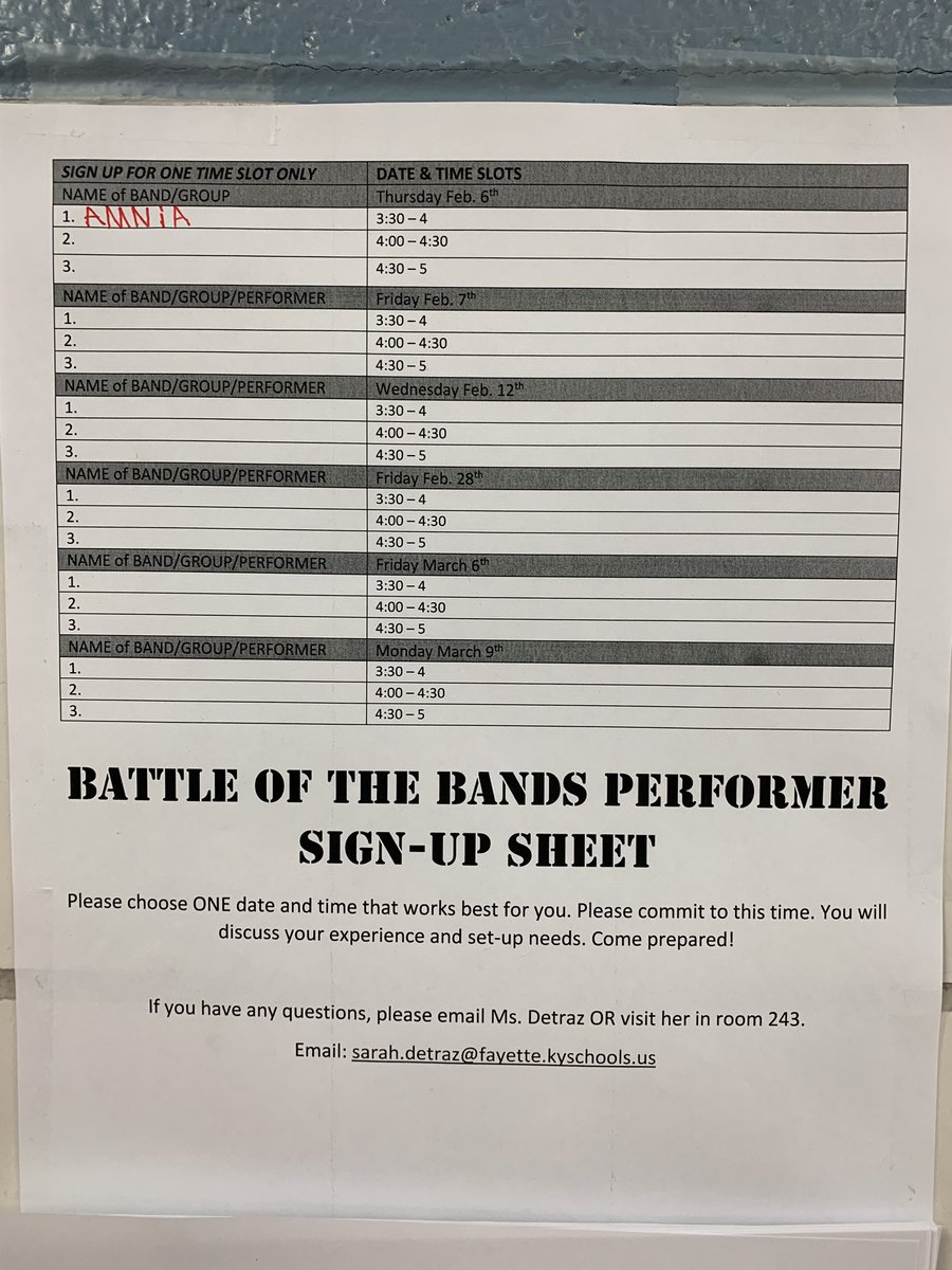 LHSGenerals_Art's tweet photo. Battle of the Bands is happening April 17th 2020. That means we need BANDS. Sign-up for a time to talk about your participation. Sign-up sheet is available outside room 243. https://t.co/h3XN0WJLer