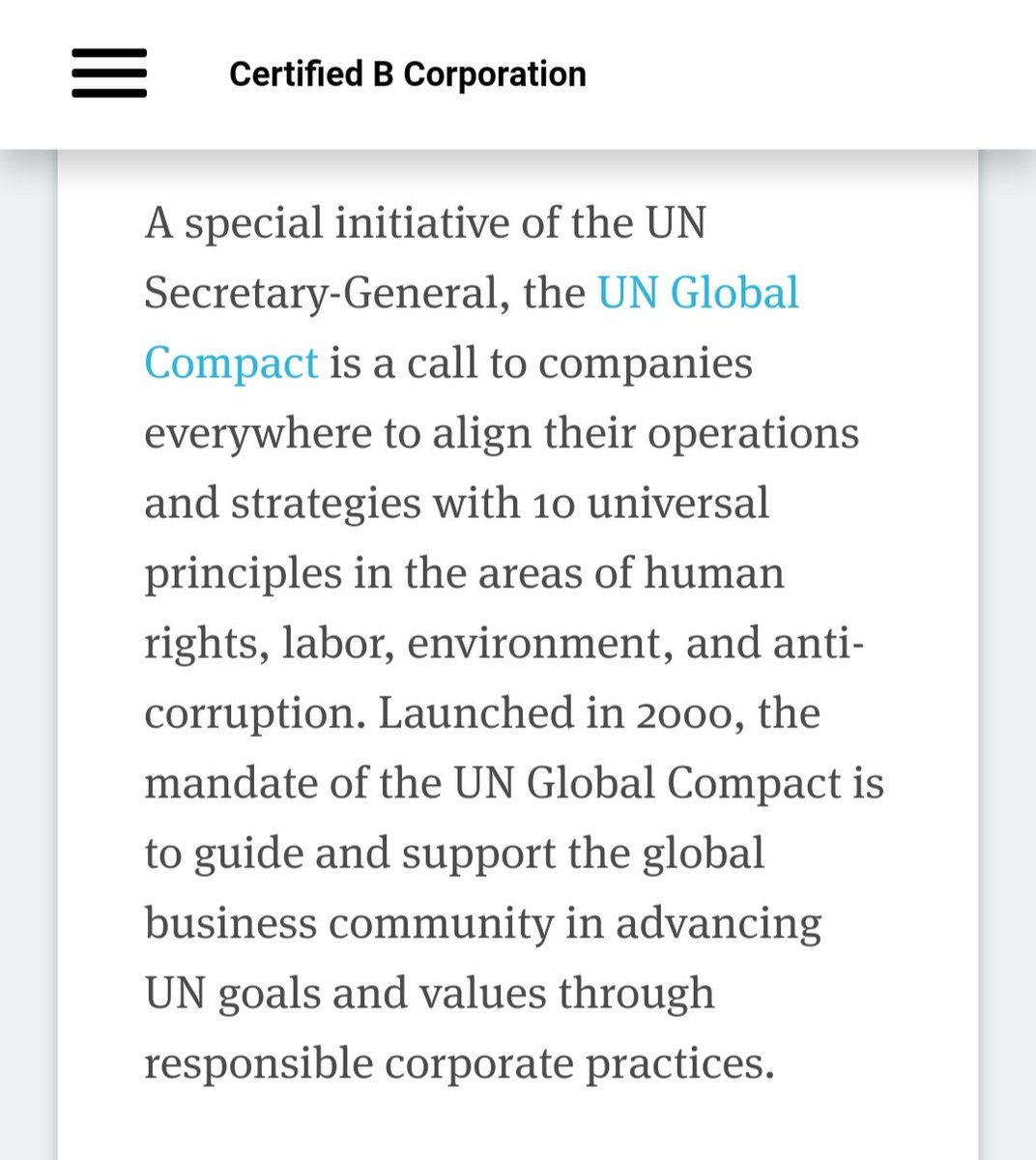 29) Beyond the seemingly innocent description, B-Corp is a way to ensure that businesses, from local startups to multinational corporations, adhere to the UN's Sustainable Development Goals set out in their Agenda 2030 program.