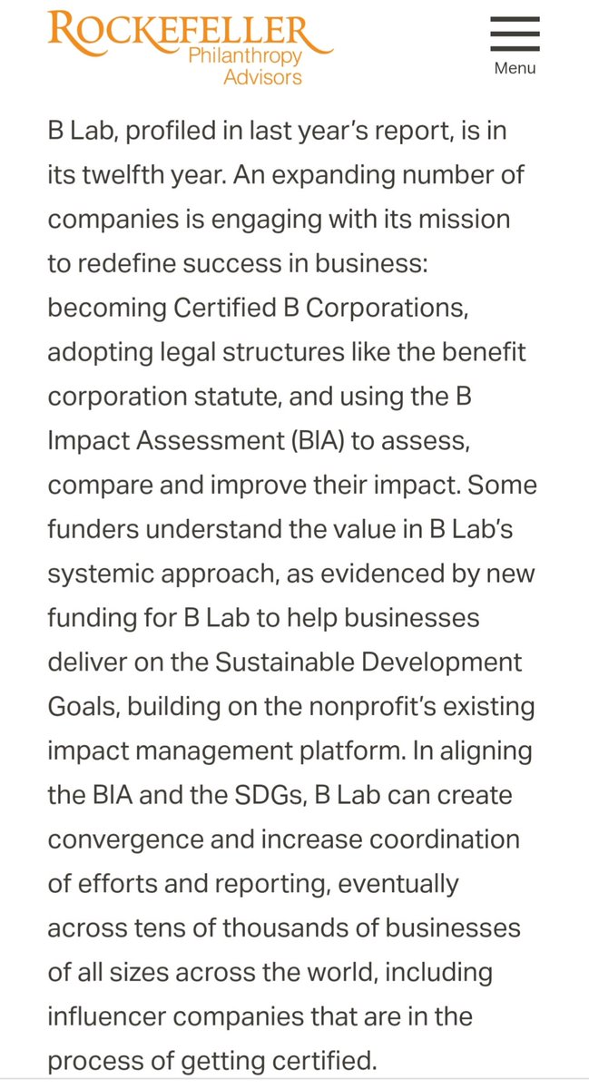 31) B-Lab is the group responsible for certifying companies as B-Corps. This page from the Rockefeller Philanthropy Advisors gives a good explanation. Madeleine Albright has some nice things to say about B-Lab.