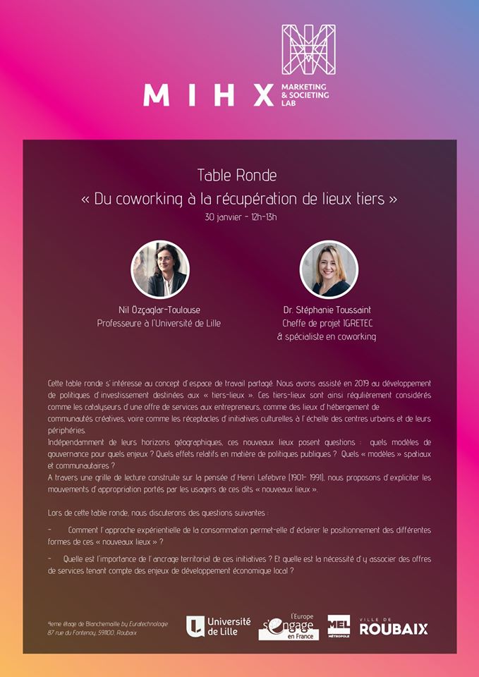 MihxLab's tweet image. Save the date ! 30 janvier entre 12h et 13h
Table ronde "Du coworking à la récupération de lieux tiers" avec Pr Nil Ozcaglar-Toulouse et Dr Stéphanie Toussaint ! On vous attend nombreux. Inscription nécessaire docs.google.com/forms/d/e/1FAI…
