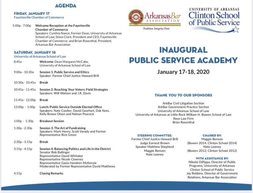 The 2nd session of the <a href="/Arkbar/">Arkansas Bar Assn.</a>-<a href="/ClintonSchool/">Clinton School of Public Service</a> Public Service Academy opens tonight at the @faychamber. Looking forward to hearing from Dean <a href="/Nancecy/">Cynthia Nance</a>, Chamber President and CEO Steve Clark, and <a href="/ArkBar_Prez/">ArkBar President</a>! Special thanks to <a href="/BowenLaw/">Bowen School of Law</a>, <a href="/UARKLaw/">University of Arkansas School of Law</a>, and our other partners!