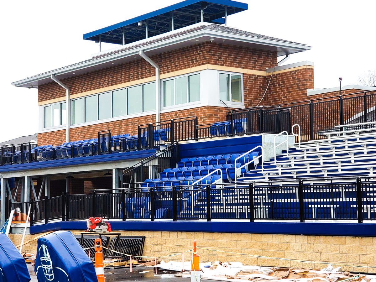 Finishing up Missouri Baptist University's bleachers this week. The blue seats make the stadium stand out, even from a distance!