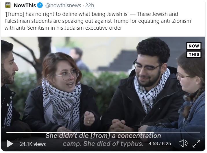 StopAntisemites's tweet photo. Pathetic attempt by @nowthisnews to fix their #Holocause denial video!

Exec. Producer @ZahraHaiderr directs a "Jewish" student (Becca Lewis) in proclaiming Anne Frank didn't die in a concentration camp! 

Lewis and #NowThis both trying to backpedal. 

https://t.co/BRmcIqovlm https://t.co/wdL7Az4Q0c