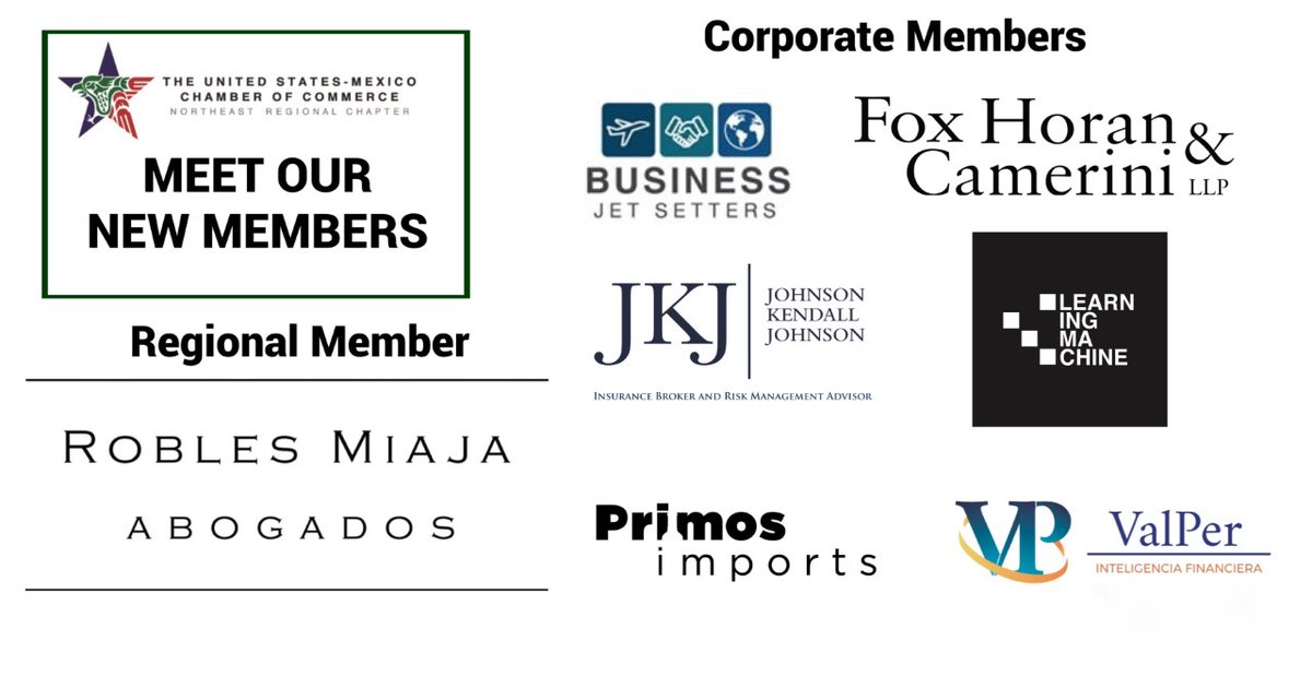 We welcome our New Members: 
#RoblesMiajaAbogados
@BusinessJetset1 
#FoxHoranCamerini
<a href="/jkjinc1/">Johnson Kendall Johnson</a> 
@LearningMach1 
#PrimosImports
#ValPer

Thank you all for your support!

#NortheastChapter #NewMembers #January2020 #usmcocne