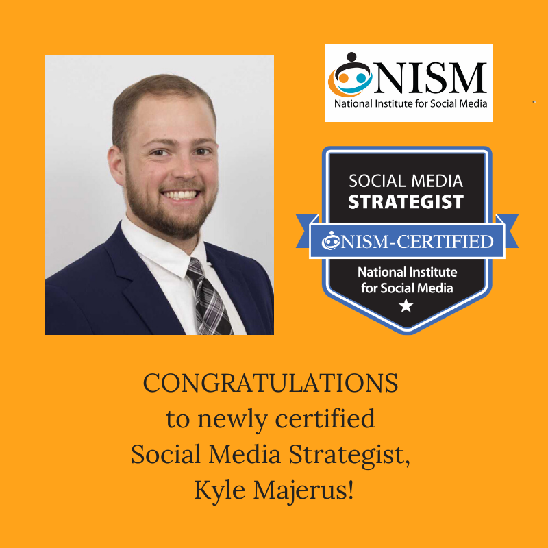 nismonline's tweet photo. We are excited to congratulate @kylemajerus on his recent achievement. Way to go, Kyle. Happy to have you as a part of the #SMSCert community.
#certification #socialmedia https://t.co/Z70Svd13Ex