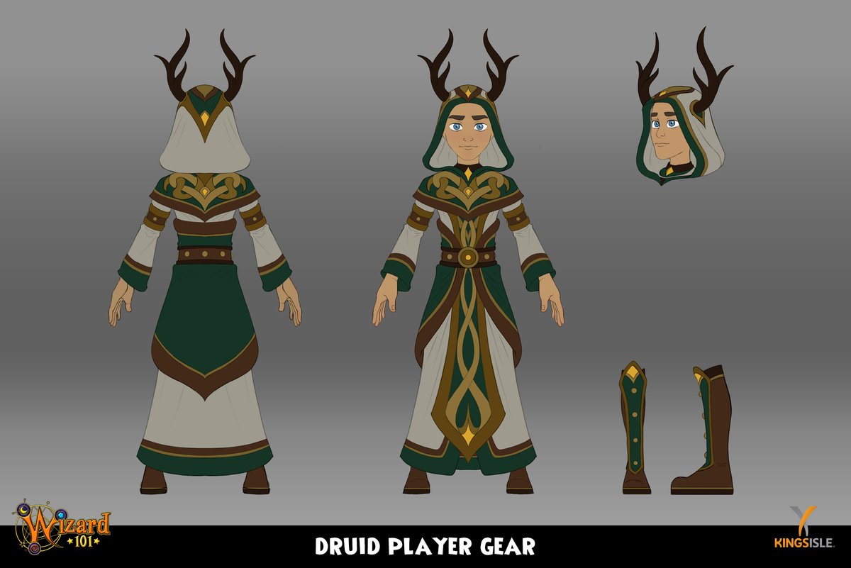 AdamRoush2's tweet photo. Here's the Druid player gear set and color variations from the druid hoard pack. @KingsIsle @Wizard101 #Wizard101 #playergear #characterdesign #wizard101catacombs #fantasy #conceptart #druid #celticdesigns #antlers https://t.co/ajOTznX4Sm