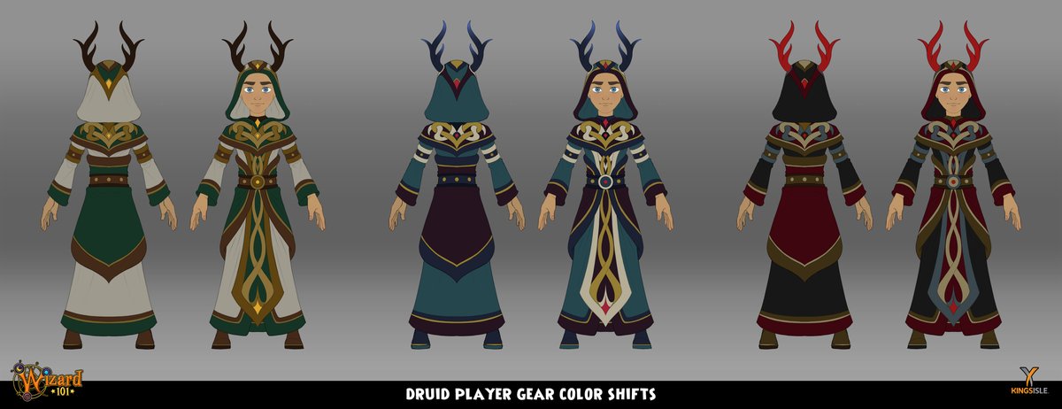 AdamRoush2's tweet photo. Here's the Druid player gear set and color variations from the druid hoard pack. @KingsIsle @Wizard101 #Wizard101 #playergear #characterdesign #wizard101catacombs #fantasy #conceptart #druid #celticdesigns #antlers https://t.co/ajOTznX4Sm