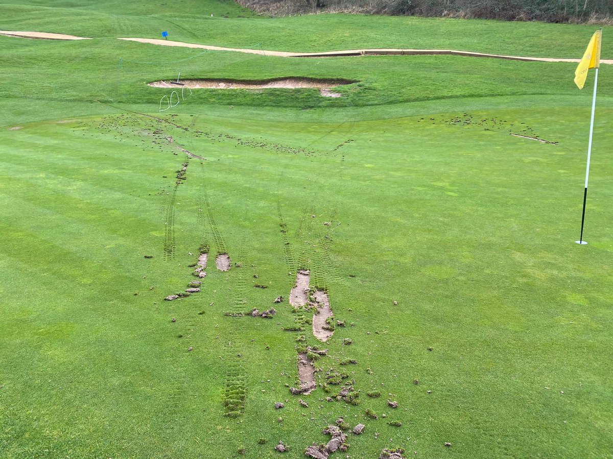 Words cannot describe this behaviour! 😡🤬 Unfortunately some moron last night decided to ride his/her motocross bike all over our 13th green &amp; fairway!! #LilleybrookGC #vandal #Unbelievable #moron #damage
