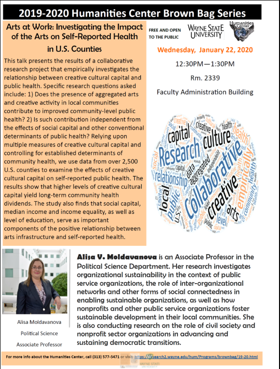 Wednesday, January 22, 2020 Alisa Moldavanova will be talking about the impact of art!
The event will be held in 2339 Faculty Administration Building at 12:30pm-1:30pm
Hope to see you all there! #waynestate #Art