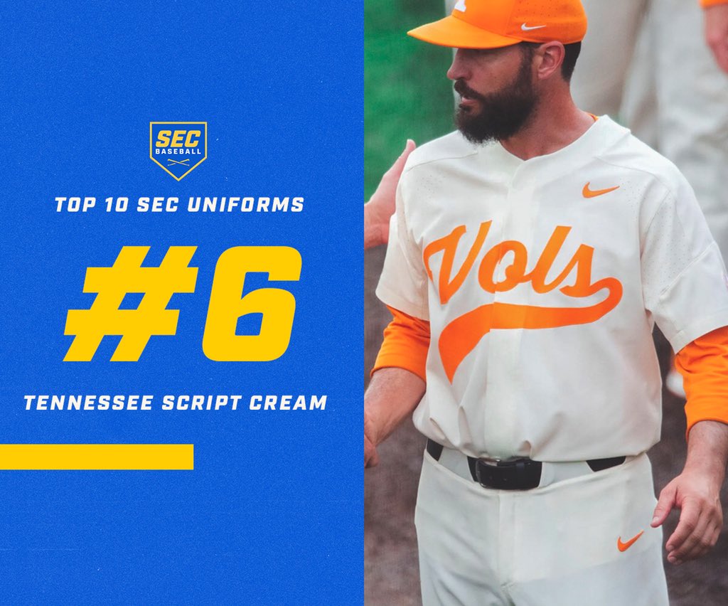 SEC Baseball on X: TOP 10 #SEC UNIFORMS 6️⃣ - Tennessee Script Cream Cream  unis are always great and the UT Orange pops really well. Plus you can't  beat a good ole