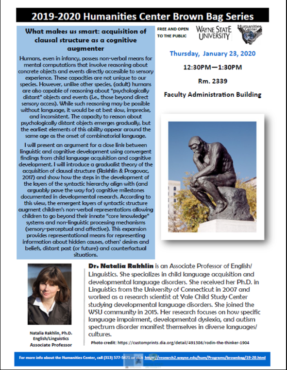 Thursday, January 23, 2020 Natalia Rakhlin will be talking about things that make us smart!
The event will be held in 2339 Faculty Administration Building at 12:30pm-1:30pm
Hope to see you all there! #waynestate