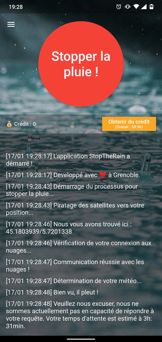 StopTheRain_App's tweet photo. Nos serveurs sont débordés. Il pleut partout en France ou quoi ? #stoptherain https://t.co/SvhJC2aDYR