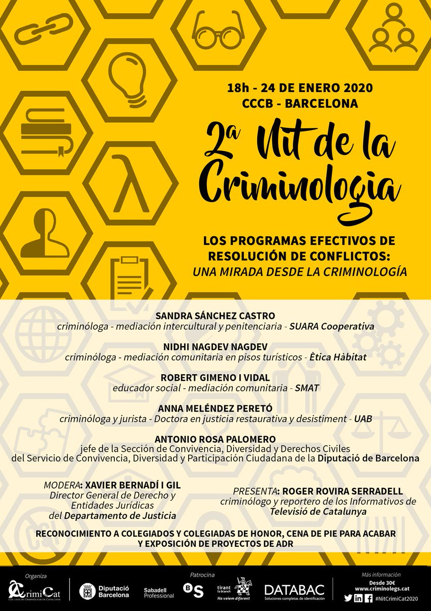 Nicolás Toledo (@ntoledog) on Twitter photo 📣 2.ª Noche de la Criminología. Los programas efectivos de resolución de conflictos: una mirada desde la criminología.
👥 Organiza el <a href="/ColCrimiCat/">Col·legi Oficial de Criminologia de Catalunya</a>.
📅 24/01/2020.
📍 Barcelona (Cataluña).
➡️ Toda la información en criminolegs.cat. 📣 2.ª Noche de la Criminología. Los programas efectivos de resolución de conflictos: una mirada desde la criminología.
👥 Organiza el <a href="/ColCrimiCat/">Col·legi Oficial de Criminologia de Catalunya</a>.
📅 24/01/2020.
📍 Barcelona (Cataluña).
➡️ Toda la información en criminolegs.cat.