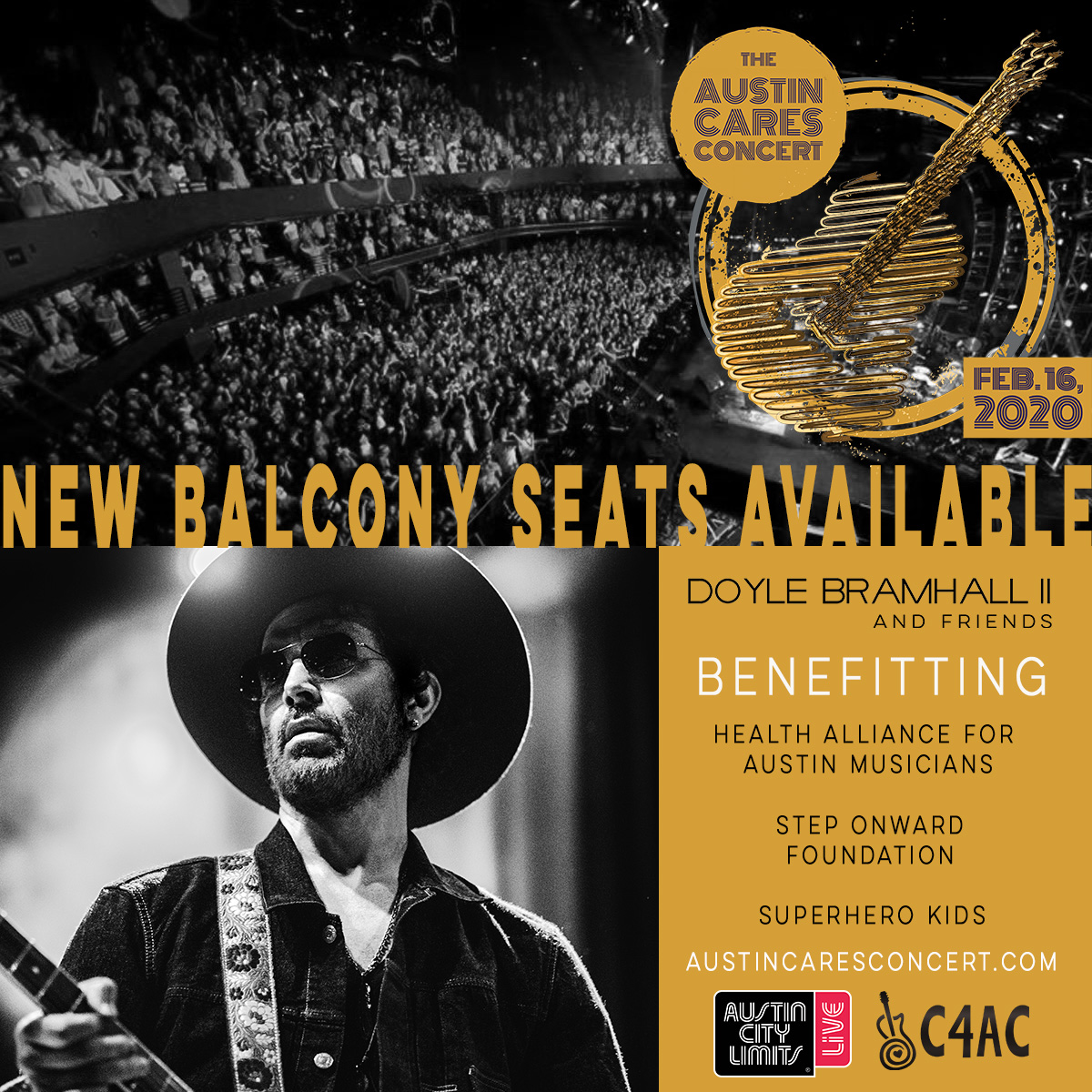 Peace! @acllive just opened up some great balcony seats for the #AustinCaresConcert! The concert supports three amazing charities; @myhaam, @superherokids at @cbcc_dellchildrens and Step Onward Foundation! Don't sleep on this show - it's for a good cause! #c4ac #aclmoody #acllive