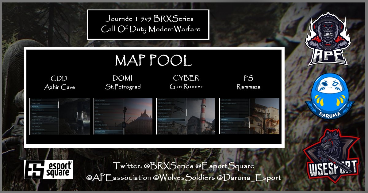 BRXSeries's tweet photo. 🏆Jour 1 Championnat #ModernWarfare 

#Xbox Cross #PS4

🔥Voici la liste des matchs et le Map Pool de la soirée

📲Organisé sur @esportsquare par les associations #eSports @APEassociation @Daruma_esport et @WolvesSoldiers 

https://t.co/Gl5JsBDrS6 https://t.co/lLemAlEngv