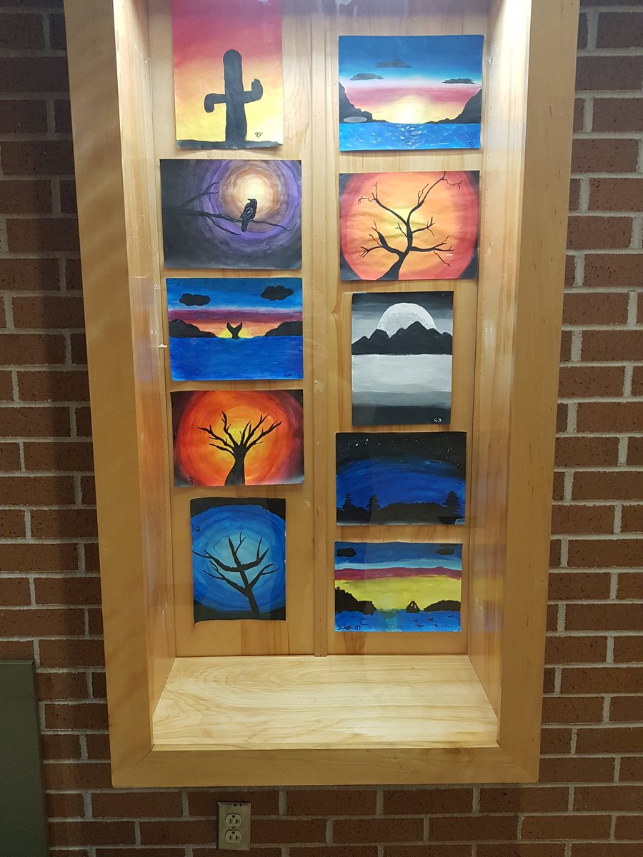 heymissteach's tweet photo. A showcase of West Kings' Visual Arts 10's midpoint through the painting unit. One or two paintings from each student's application of blending and detailing techniques, through sunset or twilight scenes. Great technique, artists! https://t.co/jA6zyCHZzl