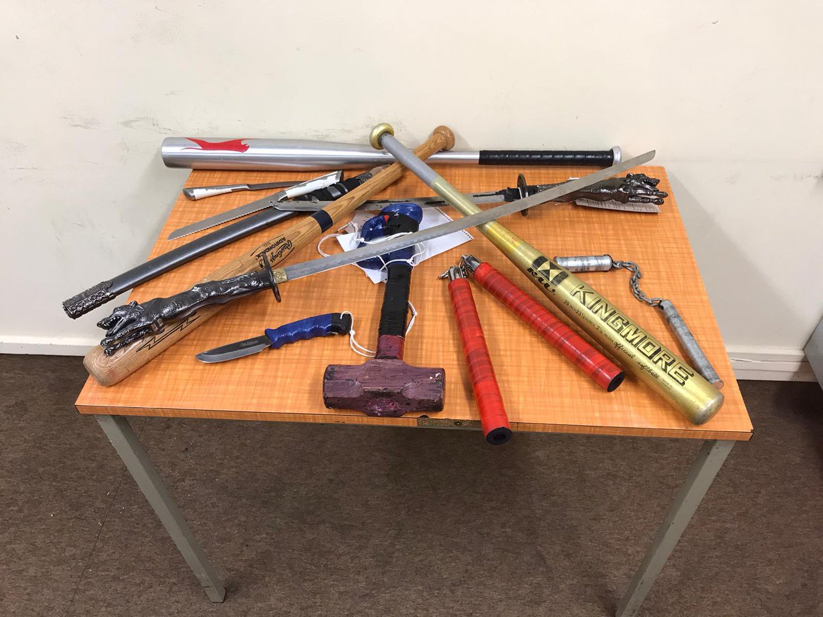 PSOSTayside's tweet photo. After a week of high-visibility action in Dundee as part of violence-reduction Operation Quest - 58 arrests, 6 search warrants progressed, 15 +ve stop&amp;searches, 30+ licensed premises visited, and these weapons seized / recovered from properties and individuals. #thisiswhatwedo https://t.co/zOA0Rqg8UL