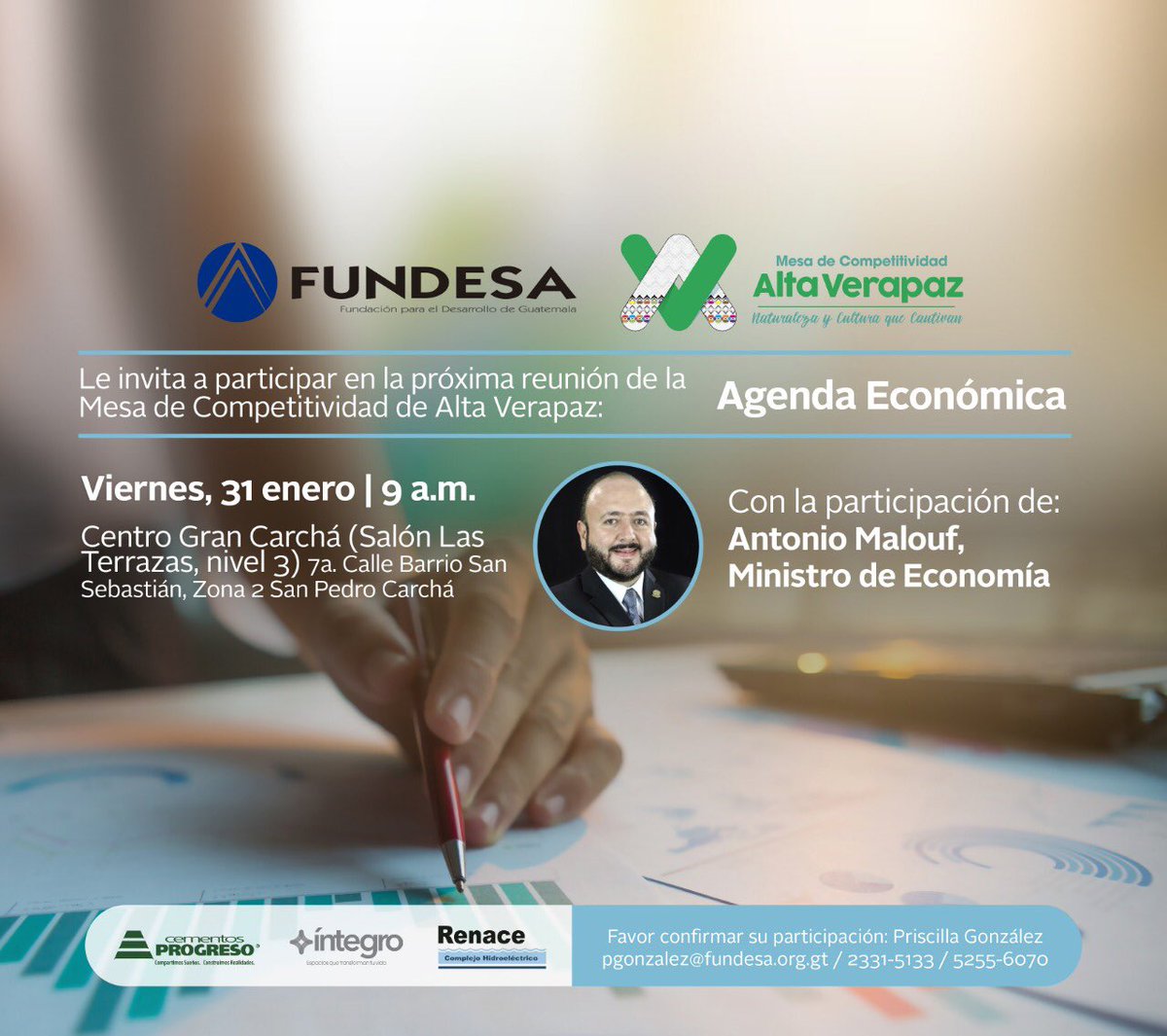 MesaComp_AV's tweet photo. Como parte de las actividades que desarrolla @FUNDESA los invitamos a la reunión de la Mesa de Competitividad de Alta Verapaz con el tema: Agenda Económica; con @MaloufTony del @GUATEMINECO 

🗓 Viernes, 31 de enero de 2020
⏰ 9:00 a.m.  
🏢 Centro Gran Carcha https://t.co/uA1Df3dOSQ