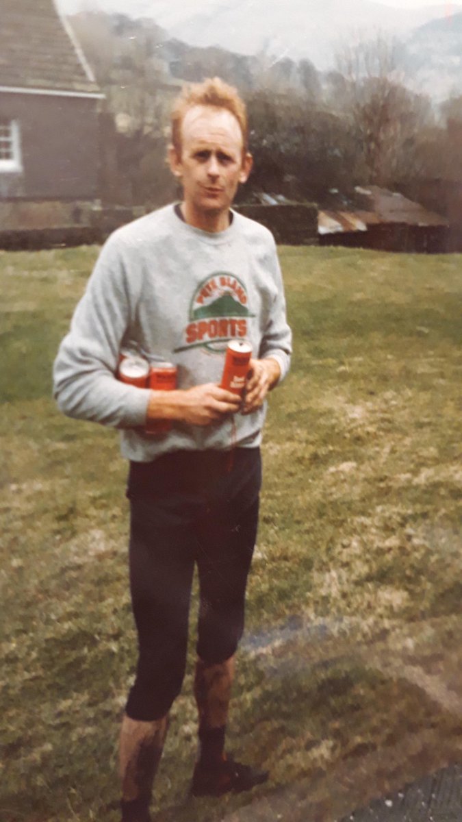 Weekend running nostalgia. The legend, Billy Bland sporting our infamous PB Sweatshirt accompanied by a few cans of beer #familybusiness #fellrunning #fellvintage