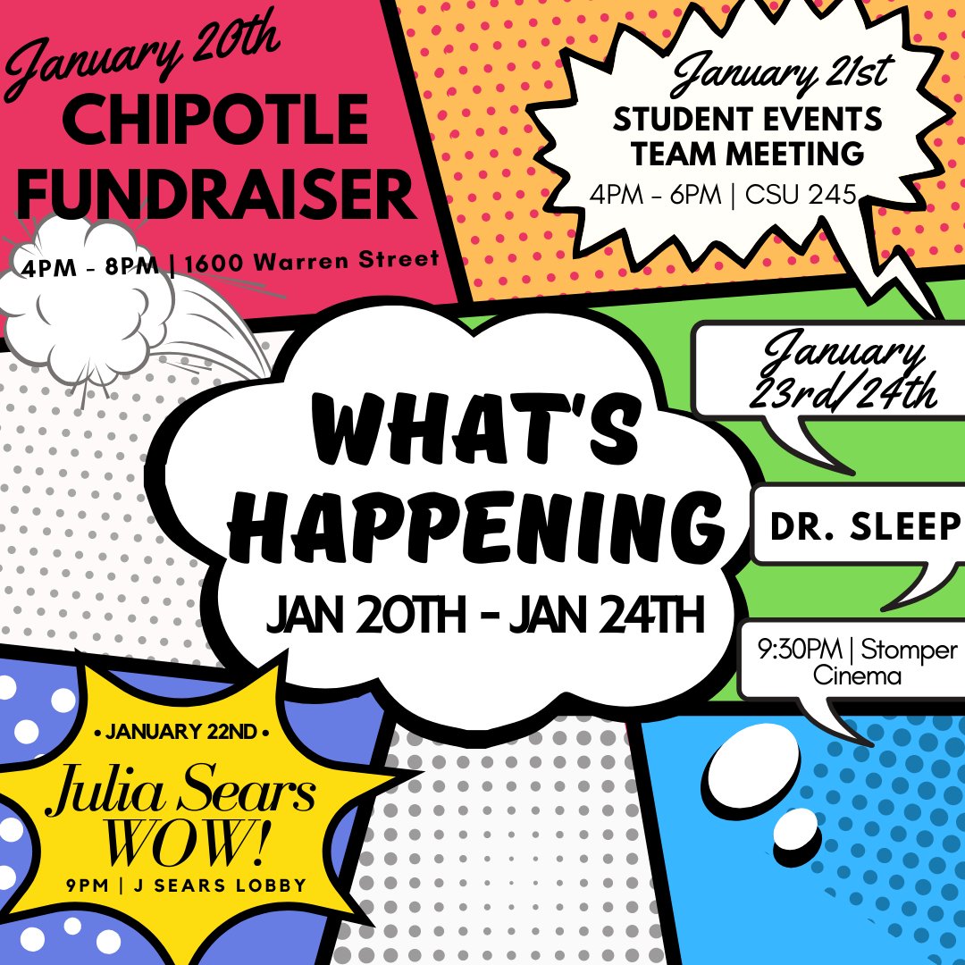 JSearsResHall's tweet image. Marvel at some of the events being held on campus next week! There are many more events to be found beyond the ones being displayed, so you're practically guaranteed to find something fun to do that you'll love!