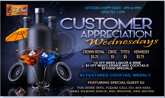 HalfNoteLounge's tweet image. Join us NEXT Wednesday for our weekly Customer Appreciation Night! 

1/2 OFF DRINKS! $5 FOOD SPECIALS! CARD GAMES! PLUS DJ EAZY HOLDING DOWN THE TURNTABLES.

Doors open at 4pm, call 301-809-6683 for more information.

#wednesday #drinkdeals #Halfnote