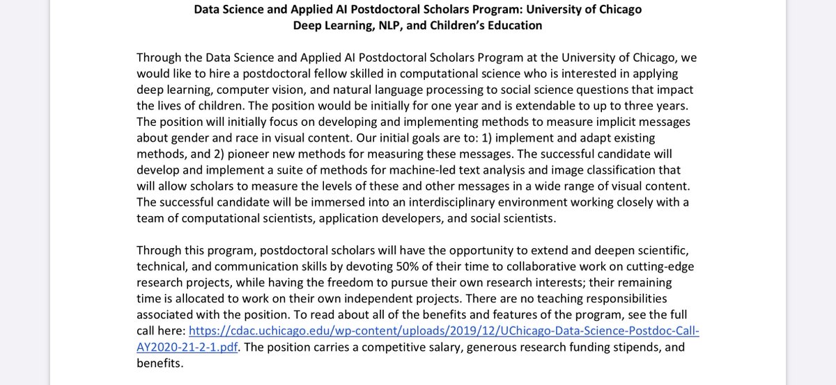 UChicago postdoc opportunity applying CS skills (computer vision, deep learning, NLP) to research in social policy and inequality.  Applications due Jan. 31, 2020.  https://tinyurl.com/wax72sv