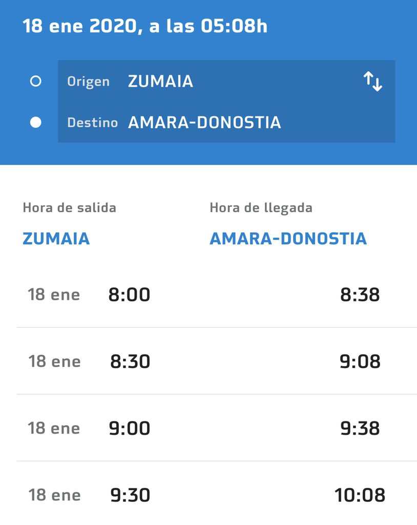 euskotren's tweet photo. @oih_hm 👋🏻 Kaixo Ohiane! El primer tren desde Zumaia a Donostia mañana por la mañana sale a las 08.00 horas.

Te recomendamos que te descargues nuestra APP Euskotren para poder buscar cómodamente los horarios 😎📱

Eskerrik asko eta bidai on! https://t.co/jhKMeWYhcC