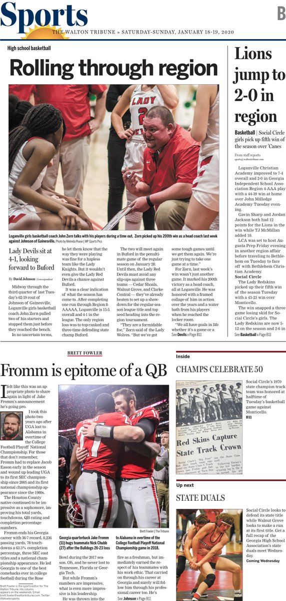 Here's the front page of the sports section in this weekend's edition of The <a href="/waltontribune/">Walton Tribune</a>. LHS girls 🏀 update as well as a roundup of LCA and Social Circle 🏀. Also a special photo gallery of Social Circle honoring its 1970 state champion 🏆track team.