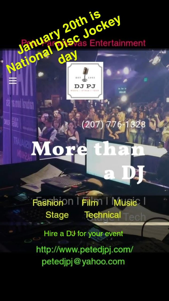 PeteDJPJ's tweet photo. January 20th is National Disc Jockey Day.
Hire a Disc Jockey!
petedjpj@yahoo.com
https://t.co/G299A2o5Nb
#PeteDJPJ #DJPJ #eventplanner #fashionshowproduction #stagecraft #discjockey #safety #radiobroadcasting #radiodj #Radio #weddings #Maine #MaineDJ #nationaldiscjockeyday https://t.co/Wz6jerdSFB