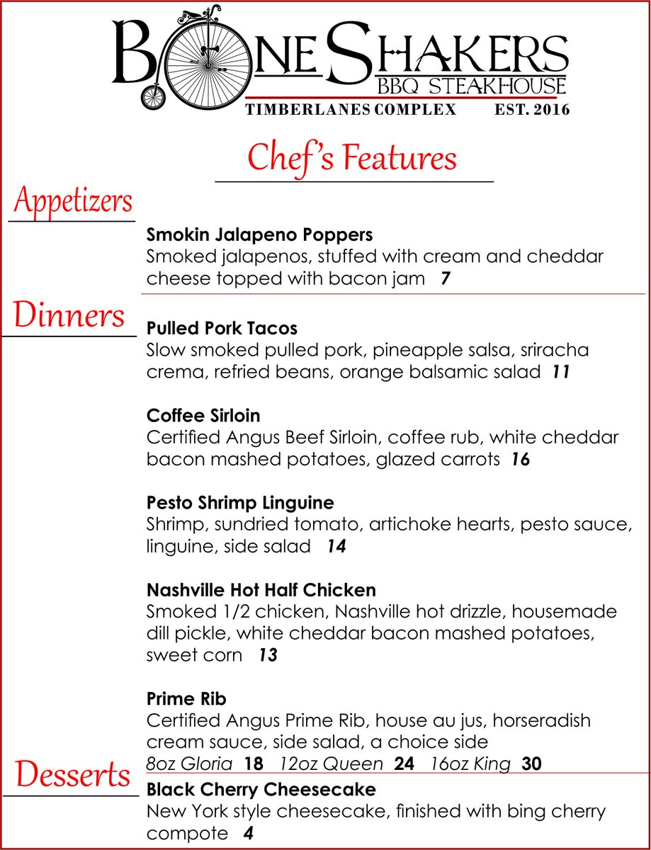 Timberlanes544's tweet photo. We've got some delicious southern style cookin' going on at Boneshakers tonight! Smoked jalapeno poppers, Nashville Hot slow smoked Chicken, and delicious slow smoked pulled pork tacos. For dessert try our snickers bars martini. It'll heal your soul! https://t.co/akfZe1Q8Xe