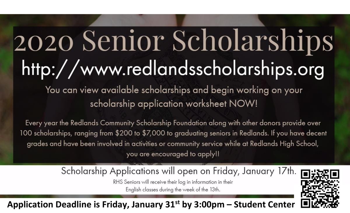 RHSStuCen's tweet photo. Seniors...the RCSF Scholarship application is NOW AVAILABLE at https://t.co/0InTb2uYI3. Check out the complete scholarship list and begin your application soon, the deadline to submit is Jan. 31st by 3pm in the Student Center. @RedlandsHighSch @RedlandsUSD @HeartRhs @CRYROP https://t.co/k6OXyKF6Oq