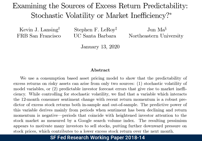 sffed's tweet photo. Updated #WorkingPaper from #SFFedResearch: Examining the Sources of Excess Return Predictability: Stochastic Volatility or Market Inefficiency? by Kevin J. Lansing, Stephen LeRoy, and Jun Ma https://t.co/xuap7dR4Fv #EconTwitter #EquityPremium #ExcessVolatility #MarketSentiment https://t.co/Hz6wJgyenc