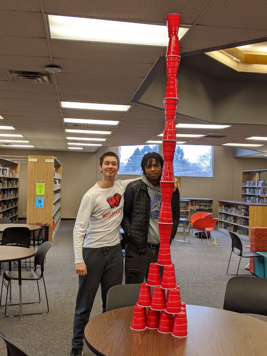 WSHSMC's tweet image. Today we had the January #stemchallenge in the library. Morning study hall students were really into it. Congrats to our winning group - Ian, Jamari, &amp;amp; Unisa - with a tower that was 89 inches tall!