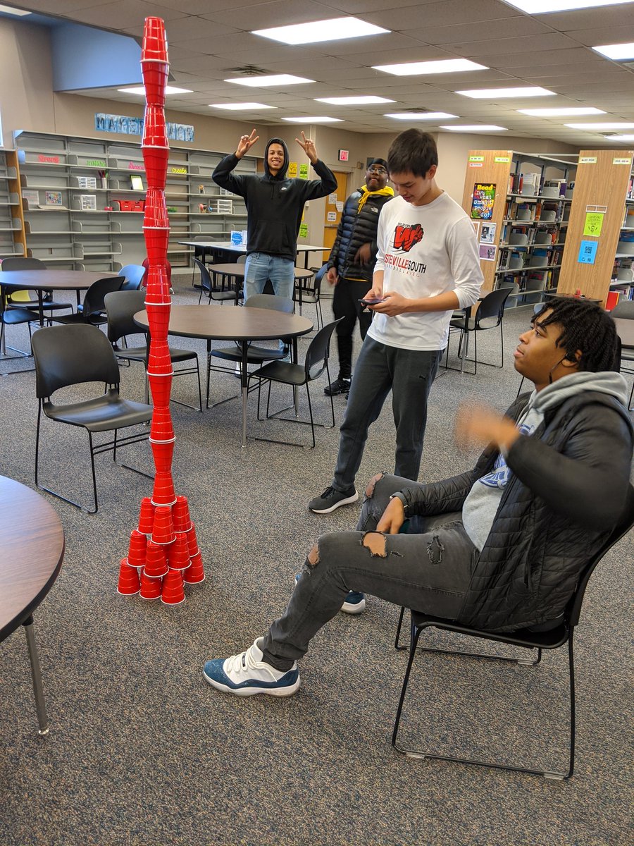 WSHSMC's tweet image. Today we had the January #stemchallenge in the library. Morning study hall students were really into it. Congrats to our winning group - Ian, Jamari, &amp;amp; Unisa - with a tower that was 89 inches tall!