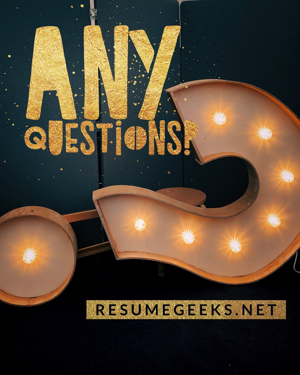 ResumeGeeks's tweet photo. You nailed the interview! You’re almost done and then... They ask do you have any questions. The answer should always be YES. But what should you ask? Not sure? Resume Geeks can help. #ProfessionalCoaching #InterveiwPrep #ResumeGeeks https://t.co/JIrmQlntDg