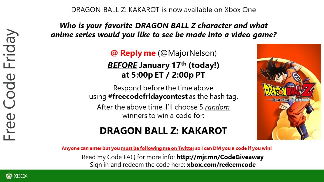 Larry Hryb, Gamer Emeritus ⌨️🖱️🎮 on X: "#freecodefridaycontest time. Read  this and you could win a code for DRAGON BALL Z: KAKAROT on Xbox One. Good  luck. https://t.co/Gxjibq4YLR" / X