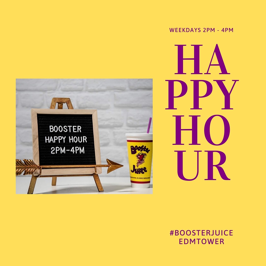 BoosterjuiceED1's tweet photo. 20% off regular menu items today from 2pm - 4pm!

#boosterjuice #edmontontower #happyhour https://t.co/5po0GJVmql