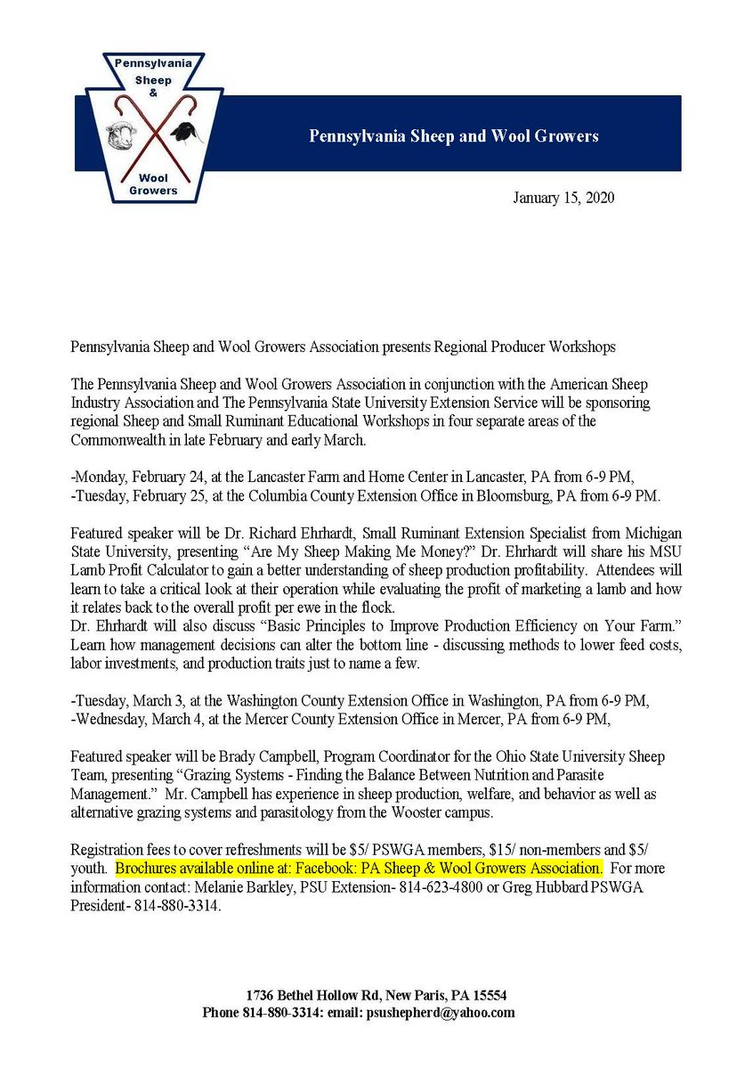 PA Sheep &amp; Wool Growers, ASIA, and our livestock team are sponsoring 4 PA regional Sheep and Small Ruminant Educational Workshops! Feb. &amp; March. Brochures found on our FB page @PennStateExtensionLivestockTeam