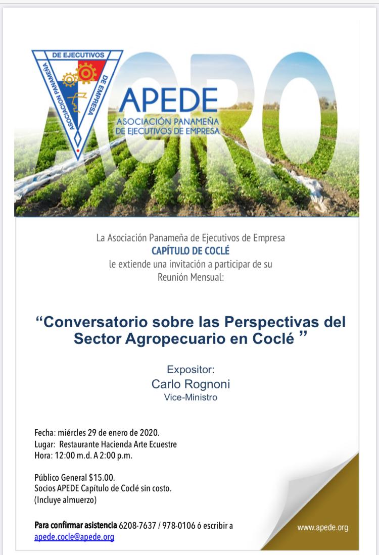 apedeazuero's tweet photo. Participa del conversatorio: "PERSPECTIVAS DEL SECTOR AGROPECUARIO EN COCLÉ" con la participación del viceministro del MIDA, Carlo Rognoni , este miércoles 29 de enero en el Rest. Hacienda Arte Ecuestre, Penonomé. https://t.co/G7qyeTQhbI