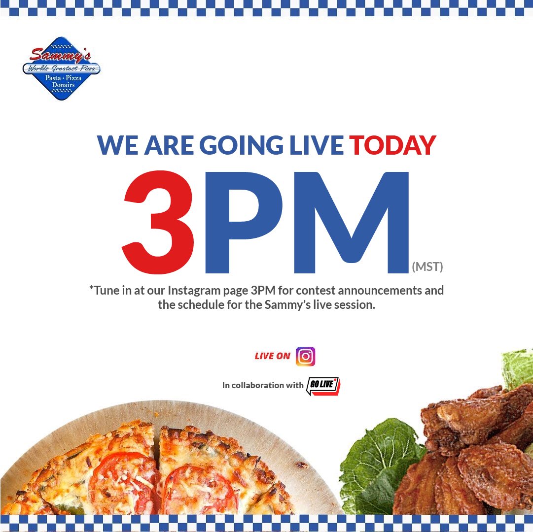 We Go LIVE at 3pm! Watch for the notification on your devices and make sure you tune in to our stream - you won’t want to miss this! From behind the scenes to our exclusive contest, you’re going to see Sammy’s with Go Live like never before. 🍕⭐️ #GOLIVECALGARY