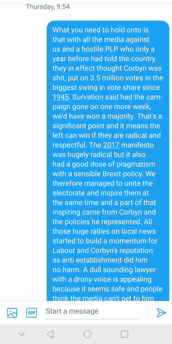 chelleryn99's tweet photo. A very nice lady DM'd me to say she was astounded I'm not backing Starmer. In a nut shell said we need to be electable again and Corbyn proved how more left candidates get destroyed. I won't reveal her message but I thought I'd share my reply. https://t.co/QRGxyxrE4L